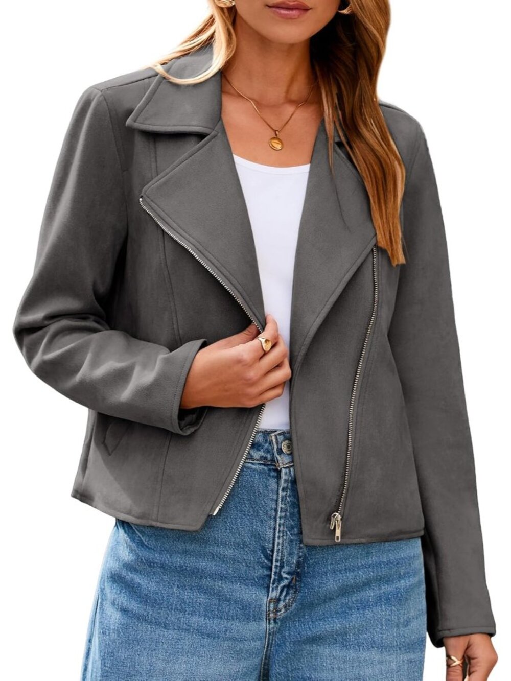 Women's Dark Grey Faux Suede Leather Long Sleeve Cropped Zipper Winter Jacket